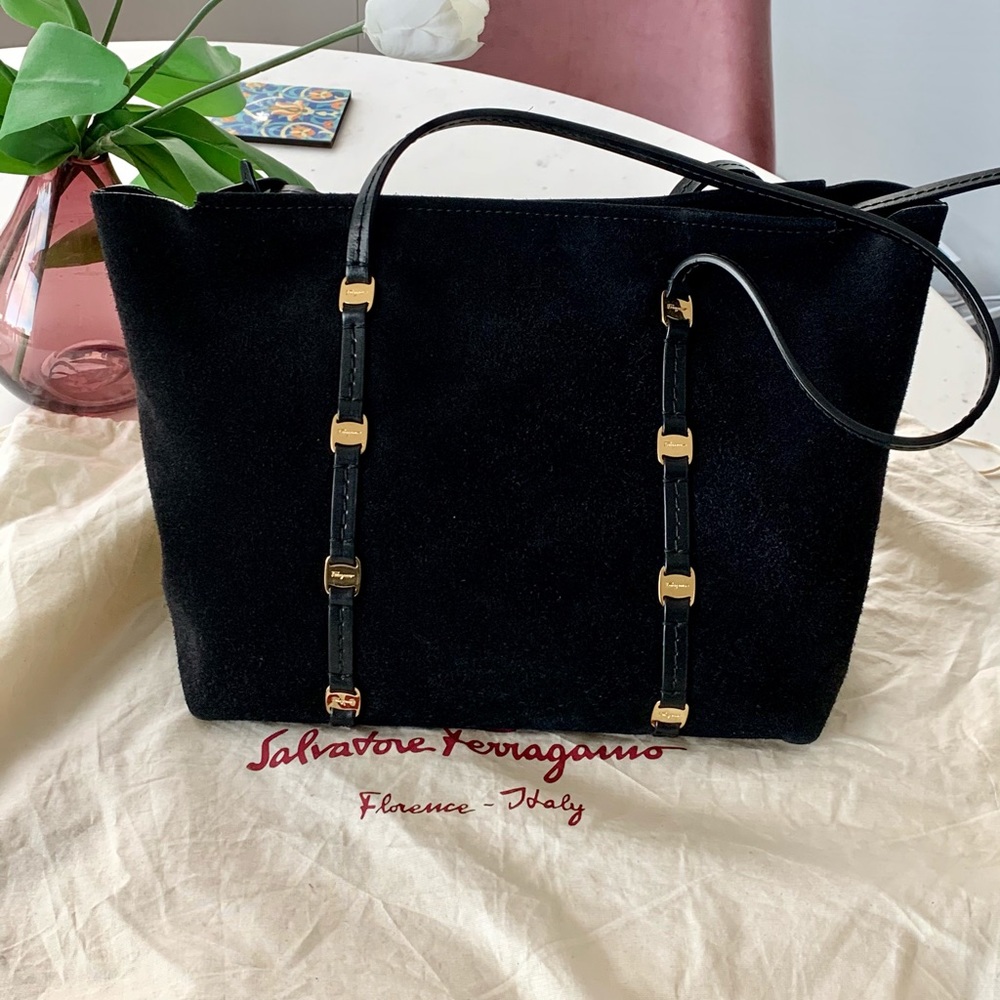 Ferragamo Vara chain detail suede tote bag